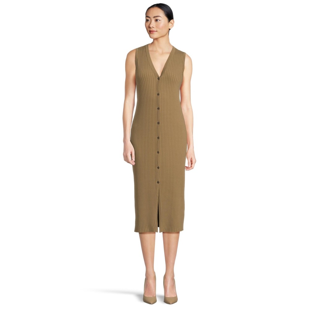 NWT Vince‎ Ribbed Sleeveless Midi Dress V-Neck Button Front Tapenade Green Small